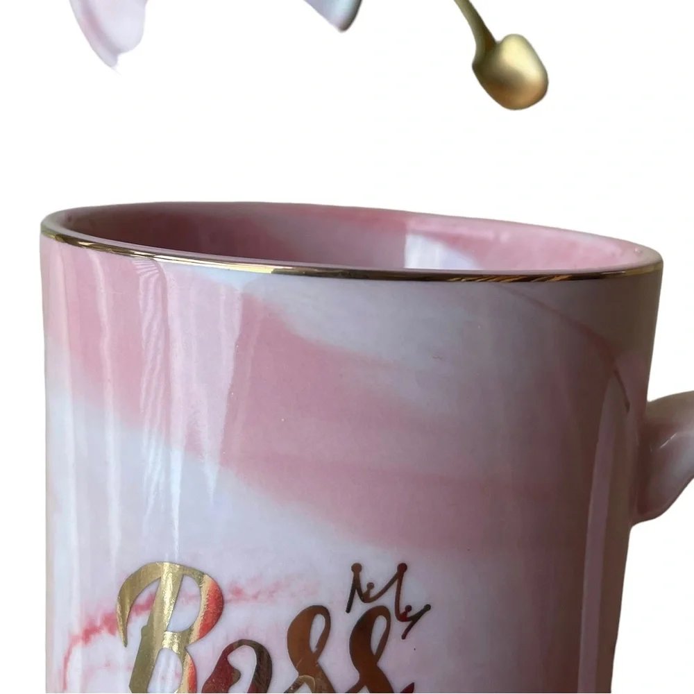 Boss Lady Ceramic Mug With Lid and Long Spoon Pink and White Marble 14 oz. - Picture 9 of 12